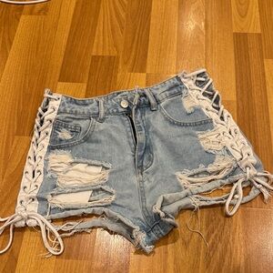 Strappy Distressed Denim Lace-Up Women Shorts